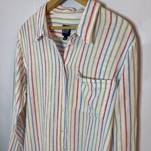 Gap Womens XL Button Up Long Sleeve Stripes Multicolor Linen Blend Coastal - Picture 3 of 9